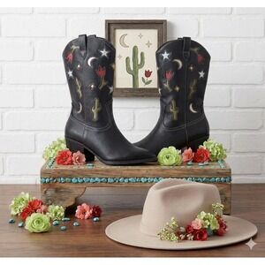 NO BO boho Black Western Embroidered Cowgirl Cactus Star festival Boot 🤠 11